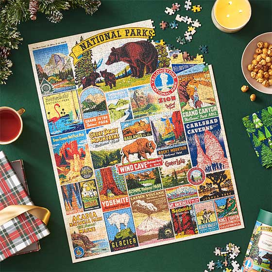 National Parks Puzzles shown with a holiday themed background
