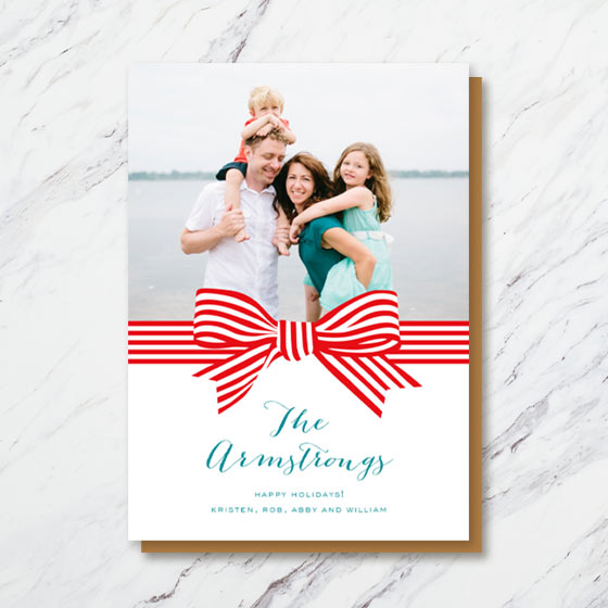 Custom Photo Greeting Card with an illustrated Bow separating the photo and text of the card