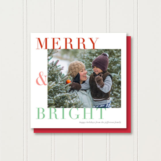 Custom Square Photo Greeting Card reading Merry & Bright