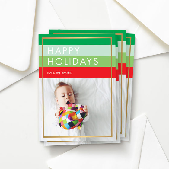 Holiday Hues Custom Greeting Card with bright colors and a gold foil border