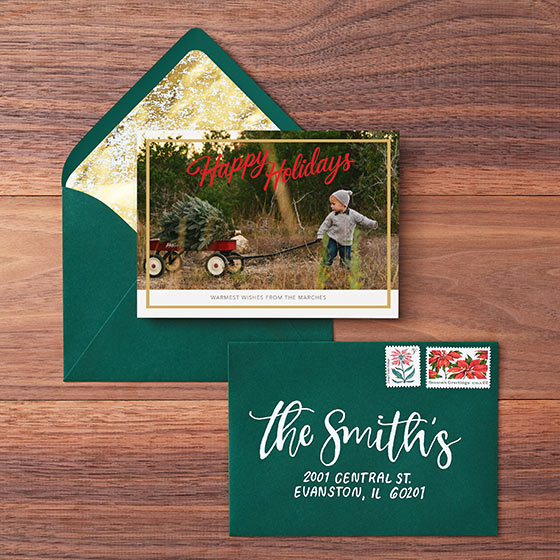 Custom Holiday Photo Card with Gold Foil Border and a Hand Lettered Envelope